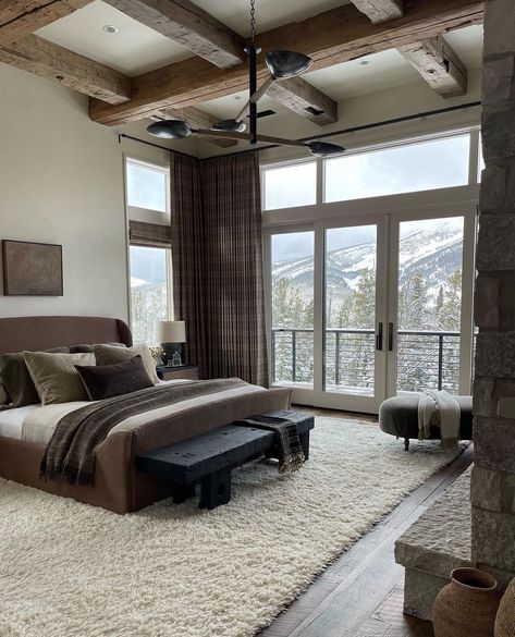 Rustic Art Deco Interior Design, Masterbedroom Calm, Mountain Bedroom, Mountain Chalet, Amber Lewis, Master Room, Amber Interiors, Mountain House, Bedroom Inspo