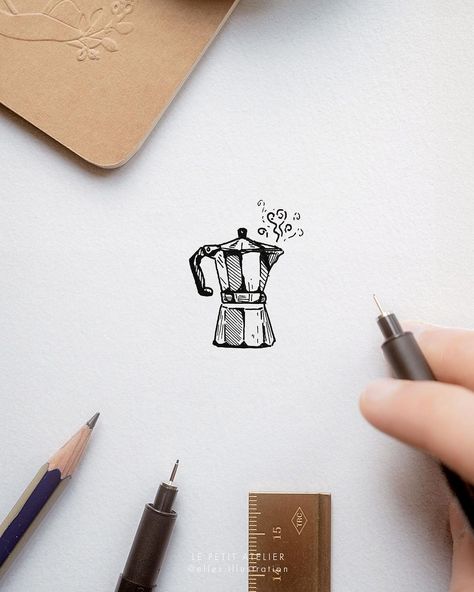 Mokka brew coffee illustration tattoodesign tattoo design. Elles Nijland ↟ Le Petit Atelier • @elles.illustration Cuban Coffee Tattoo, Mocha Pot Tattoo, Moka Pot Tattoo, Coffee Pot Tattoo, Coffee Tattoo Design, Espresso Tattoo, Coffee Tattoo Minimalist, Gary Tattoo, Coffee Tattoo Ideas