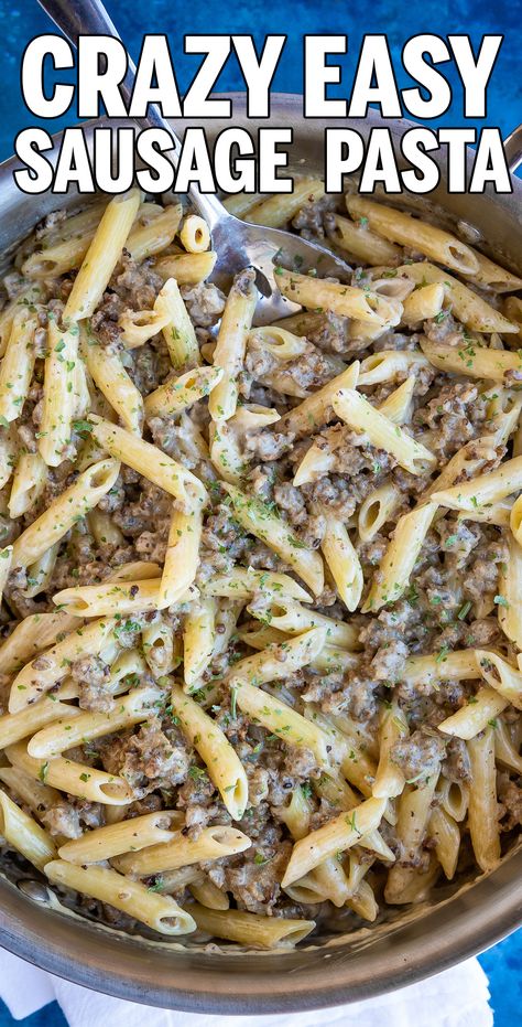 This Creamy Sausage Pasta recipe is a go to for me. It only takes like three ingredients and maybe 15 minutes. So easy and my kids LOVE it! #dinner #recipes #meals #familydinner #easydinner #weeknightdinner #food #lftorecipes Pork Sausage Recipes Dinner, Sausage Pasta Recipes Easy, Ground Sausage Recipes, Sausage Pasta Recipe, Creamy Sausage Pasta, Pork Sausage Recipes, Sausage Recipes For Dinner, Sausage Dinner, Ground Pork Recipes