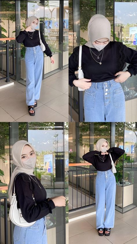 Style Cardigan Hijab, Ootd Korean Style Hijab, Mix And Match Outfit, Korean Style Hijab, Blue Hijab, Ootd Korean Style, Mix Match Outfits, Hijab Style Casual, Casual Hijab