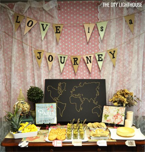 Ideas for how to throw a travel themed bridal shower on a budget. Food, invitation, decor, games. Inexpensive and cheap wedding inspiration. Travel theme. Honeymoon Shower, Travel Theme Bridal Shower, Travel Bridal Showers, Diy Wedding On A Budget, Themed Bridal Shower, Baby Shower Woodland Theme, Travel Theme Wedding, Bridal Shower Food, Shower Food