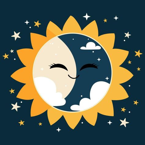 Moon And Sun Background, Solar Eclipse Art, Smiling Moon, Eclipses Art, Sun Background, Moon And Sun, Solar Eclipse, Art Class, Kid Stuff