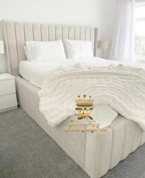 High Beds Ideas, Big Cream Bed, White Double Bed With Headboard, Cream Divan Bed, High Double Bed, White Bed With Headboard, Cream Wingback Bed, Cream Bedframe Ideas, White Bed Frame Fabric