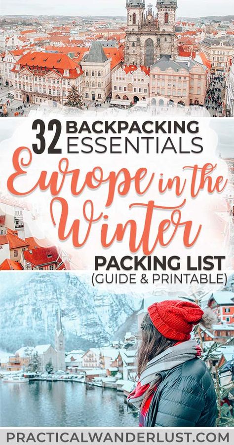 The ultimate Europe in winter packing list for backpackers, including all the essentials you'll need to stay warm, safe, and happy during your travels! Includes plenty of field tested travel gear and clothing for him and her, PLUS a downloadable, printable packing list! #EuropeTravel Carry On Travel Bags, Switzerland Packing List Winter, London Winter Packing List, Winter Travel Backpack, Europe Winter Packing, Europe In The Winter, Winter Trip Packing List, Europe In Winter, Viking Cruise