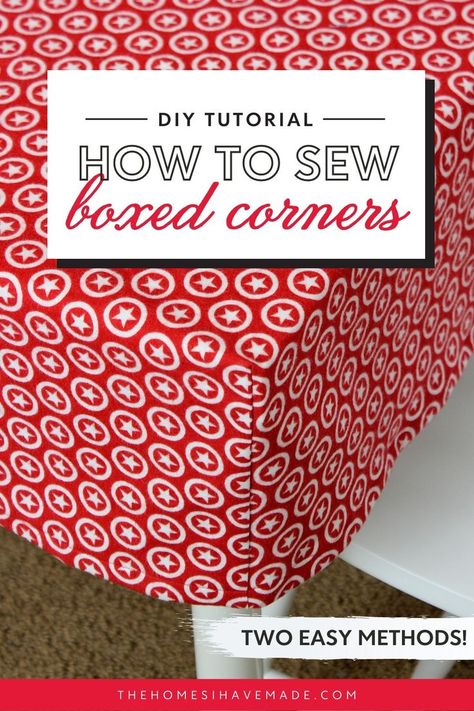 Vertical picture of a boxed corner sewing from red and white fabric Diy Cushion Covers, Home Decor Sewing, Sewing Cushions, Sewing School, School Decor, Simple Sewing, Sewing Tutorials Clothes, Sew Ins, Beginner Sewing Projects Easy