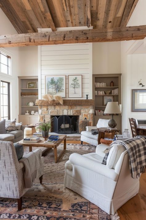 Design a rustic/farmhouse modern style living room with these shiplap fireplace ideas. Rustic Fireplace Living Room, Family Room Fireplace Built Ins, Fireplace With Rock And Shiplap, Vintage Farmhouse Fireplace, Shiplap Above Stone Fireplace, Rooms With Shiplap, Fireplace Ideas Rustic, Stone And Shiplap Fireplace, Farmhouse Living Room With Fireplace