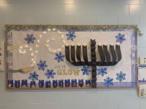 Hanukkah Classroom Decorations, Hannukah Bulletin Boards, Hanukkah Door Decorations For School, Chanukah Bulletin Board Ideas, Hanukkah Bulletin Board Ideas, Hanukkah Bulletin Board, School Hallway Displays, Hannukah Menorah, Hanukkah Diy