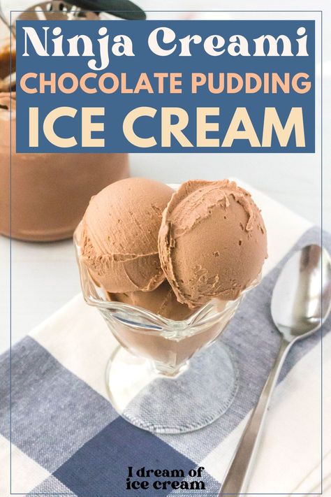 Did you know you can use instant pudding to make ice cream in your Ninja Creami? This delicious chocolate ice cream is proof! Get the easy recipe, which is perfect for Ninja Creami beginners! Pudding Mix Ninja Creami, Ninja Creami Recipes Pudding, Pudding Ninja Creami, Ninja Creami Recipes With Pudding, Chocolate Ice Cream Ninja Creami, Ninja Creami Pudding Ice Cream, Chocolate Ninja Creami Ice Cream Recipes, Ninja Creami Almond Milk Recipes, Ninja Creami Ice Cream Recipes Chocolate