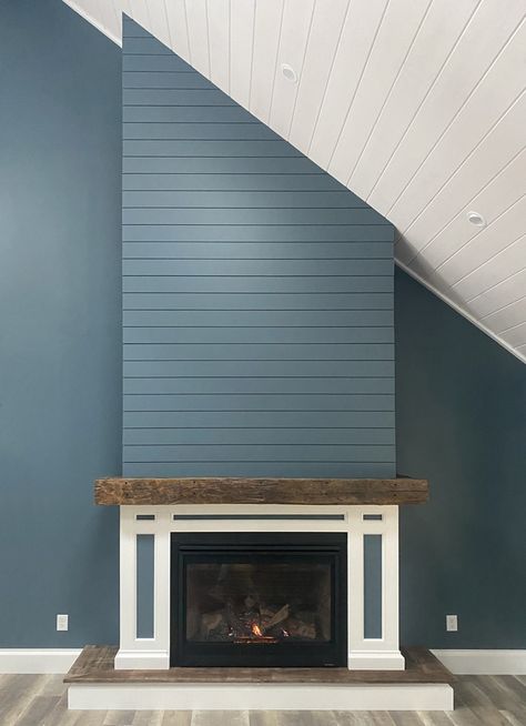 Blue Shiplap Overmantel - WindsorONE Blue Shiplap Fireplace Wall, Blue Shiplap Fireplace, Navy Blue Shiplap Wall, Blue Shiplap Wall, Shiplap Fireplace Ideas, Blue Shiplap, Rustic Farmhouse Fireplace, Diy Shiplap Fireplace, Coastal Fireplace