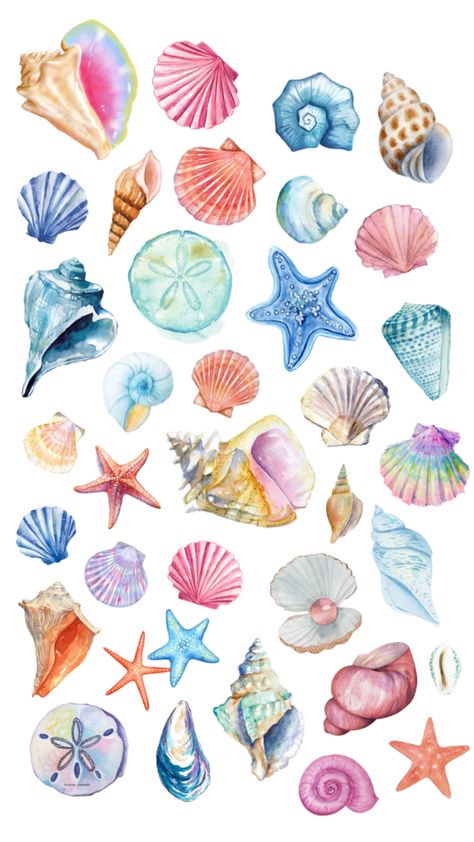 Sea Shells Wallpaper, Aquarium Craft, Beach Wall Collage, Decoupage Printables, Sea Illustration, Drawing Ideas List, Yearbook Themes, Desain Quilling, Cute Summer Wallpapers