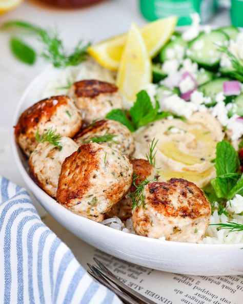 Mediterranean Chicken Meatballs Power Bowl Chicken Meatballs Healthy, Mediterranean Recipes Healthy, Baked Chicken Meatballs, Mediterranean Bowls, Chicken Meatball, Chicken Meatball Recipes, Chicken Balls, Feta Chicken, Power Bowl