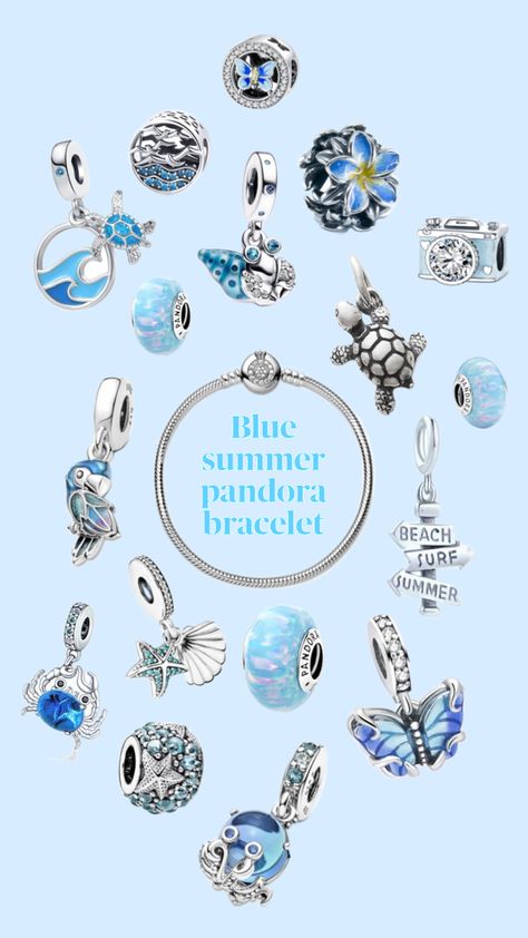 #pandora #bracelet #jewelry #summer #blue #charms #beauty #silver #aesthetic Pandora Summer, Pandora Bracelet Charms Ideas, Silver Aesthetic, Girly Bracelets, Pandora Bracelet Designs, Pandora Inspiration, Aesthetic Shuffles, Pandora Armband, Pandora Collection