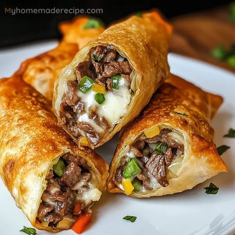 Crispy Philly Cheesesteak Egg Rolls Recipe - My Home Made Recipe Philly Steak And Cheese Egg Rolls, Air Fryer Philly Cheesesteak Egg Rolls, Philly Cheese Steak Egg Roll Recipes, Philly Cheese Steak Egg Rolls Ground Beef, Steak Cheese Egg Rolls, Cheesesteak Egg Rolls Recipe, Philly Cheesesteak Roll Ups, Philly Cheesesteak Burrito, Philly Cheese Steak Rolls Recipe