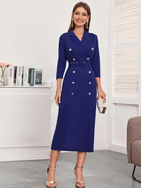 Notched Collar Double Breasted Buckle Belted Dress | SHEIN USA Double Dress, Buckle Collar, Chubby Fashion, Trench Coat Style, Royal Dresses, High Fashion Outfits, Elegant Shirt, Notched Collar, Office Outfits