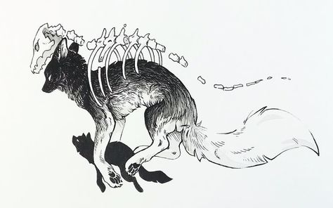 Ghost Wolf Tattoo, Wolf Pen Drawing, Black Wolf Illustration, Space Fox Tattoo, Dog Paw Sketch, Fox Skeleton Drawing, Zombie Animal Tattoo, Wolf Ink Drawing, Wolf Body Tattoo