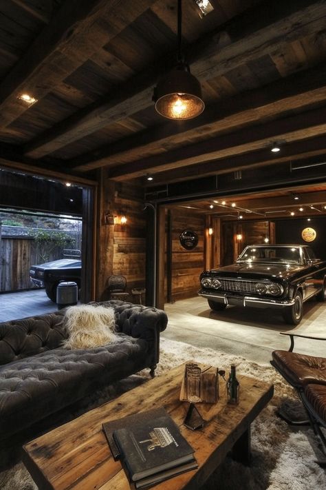 ultimate-garage Hang Out Garage Ideas, Man Caves In Garage, Cozy Garage Ideas, Aesthetic Garage Interior, Masculine Garage, Big Garage Ideas, Garage Mancave Ideas, Garage Hangout Ideas Diy, Gothic Garage