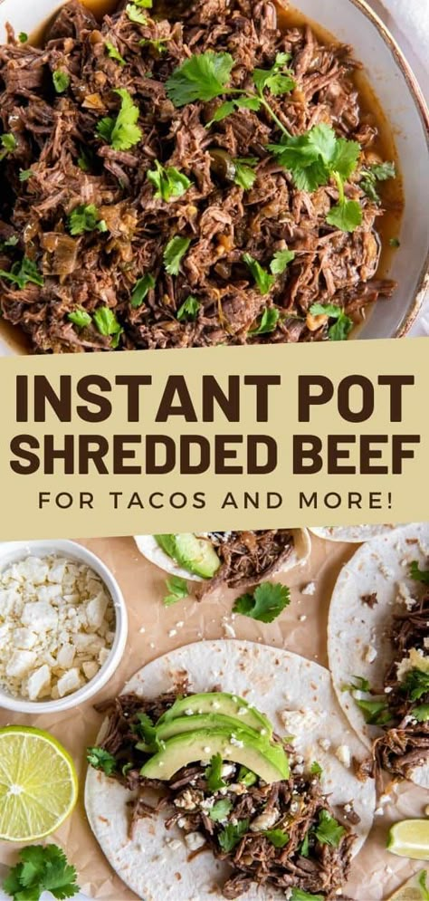 This easy instant pot shredded beef recipe is a versatile dish to use for tacos, quesadillas, enchiladas and more. Instapot Shredded Beef Taco Meat, Beef Taco Instant Pot Recipes, Pressure Cooker Beef Tacos, Beef Tacos Recipes Instant Pot, Taco Beef Instant Pot, Roast Beef Tacos Instant Pot, Shredded Beef Instapot, Instapot Taco Meat Beef, Instant Pot Tacos Beef