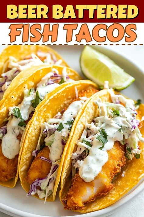 These Baja-style beer battered fish tacos are crispy, flavorful, and perfect for a laid-back meal. From the slaw to the sauce, they're too good to miss. Baja Fish Taco Sauce Recipe, Fish Tacos Batter, Beer Batter Fish Tacos, Best Fish Tacos Recipe, Fish Taco Batter, Fish Taco Recipe Easy, Baha Fish Tacos, Baja Fish Tacos Sauce, Sides For Fish Tacos