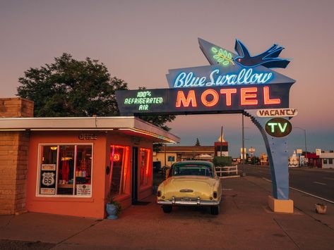 Vintage Blue Swallow Motel retro neon sign, on Route 66 in Tucumcari, New Mexico Blue Swallow Motel, Blue Swallow, Retro Neon, Rail Transport, Hotel Motel, White Car, Posters Framed, City Car, Image House