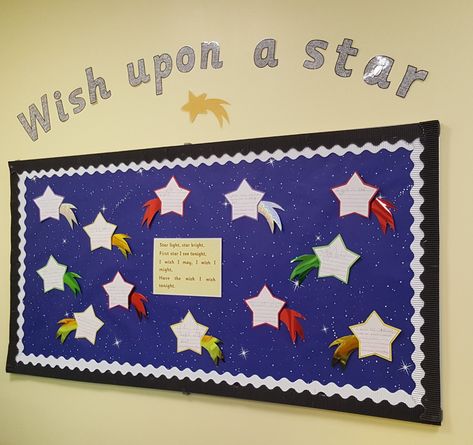 'Wish upon a star' classroom display. Wishes written on shooting stars Star Classroom Theme, Classroom Stars Theme, Make A Wish Bulletin Board, Stars Door Decorations Classroom, Star Chart For Classroom, Star Work Bulletin Board, Shoot For The Stars Bulletin Board, Wish Upon A Star, Star Student Board