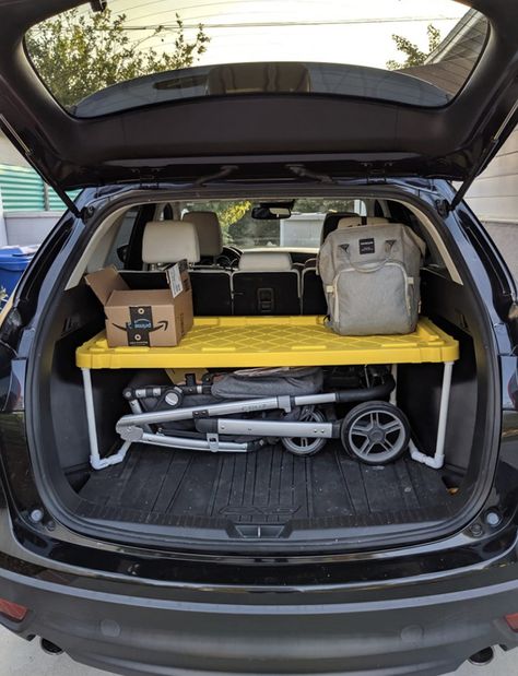 Wagon Storage Ideas, Car Seat Storage In House, Toddler Car Storage, Baby Carrier Storage Ideas, Stroller Trunk Hack, Trunk Storage Ideas Suv, Stroller Storage Apartment, Garage Stroller Storage, Wagon Stroller Hacks