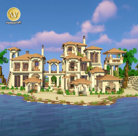 Sandstone Mansion Minecraft, Minecraft Beach Building Ideas, Minecraft Southern House, Minecraft House With Courtyard, Mc Beach House, Coastal House Minecraft, Minecraft Safari House, Greek Style Minecraft Builds, Shell House Minecraft