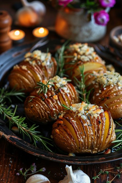 Hasselback potatoes garnished with rosemary and cheese, served on a dark platter with a rustic backdrop. Elevated Family Dinner, Fancy Dinner Party Meals, Upscale Potatoes, Fancy Dinner Side Dishes, Fancy Potatoes Side Dishes Holidays, Christmas Dinner Potato Recipes, Friendsgiving Dinner Recipes, Main Meals For Dinner Party, Fancy Wedding Food Dinners