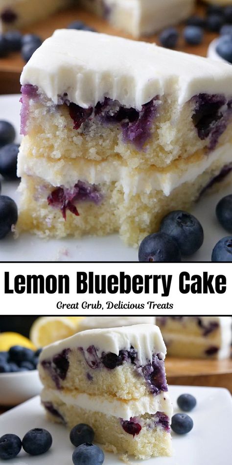 A double photo collage of lemon blueberry cake on a white plate. Homemade Blueberry Cake, Delicious Lemon Desserts, Blueberry Lemon Cake Recipe, Fresh Blueberry Recipes, Lemon Cream Cake, Lemon Blueberry Cake, Lemon Cream Cheese Frosting, Blueberry Cake Recipes, Lemon Cream Cheese