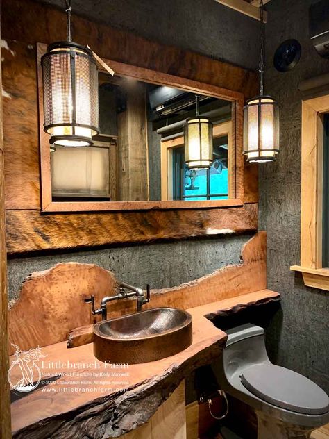 Rustic Vanities - rustic vanity - floating bathroom vanity Live Edge Vessel Sink, Diy Vanity Sink, Live Edge Bathroom Counter, Live Edge Sink, Live Edge Bathroom Vanity, Live Edge Bathroom, Rustic Bathroom Faucets, Live Edge Vanity, Live Edge Mirror