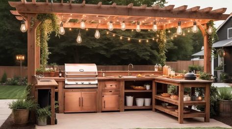 42 Pergola-Covered Outdoor Kitchens Tailored to Your Taste - Peak Patio Life Diy Outdoor Kitchen Under Pergola, Screened In Pool With Outdoor Kitchen, Outdoor Kitchen Under Pergola, Covered Outdoor Kitchens, Backyard Gathering, Rustic Outdoor Kitchens, Cottage Backyard, Backyard Dining, Outdoor Kitchen Plans