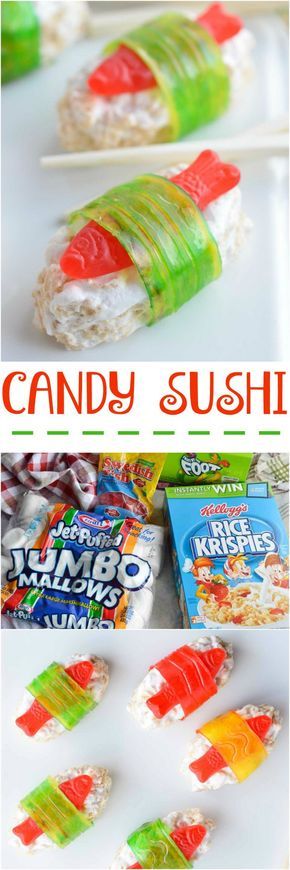 The kids will go crazy for this Candy Sushi! Made with rice crispy treats, Swedish fish candy and fruit roll ups. This dessert sushi recipe is easy to make, portable and great for parties. Candy Sushi, Dessert Sushi, Snack For Kids, Swedish Fish, Fruit Roll, Kid Desserts, Fruit Roll Ups, Kids Treat, Rice Crispy Treats