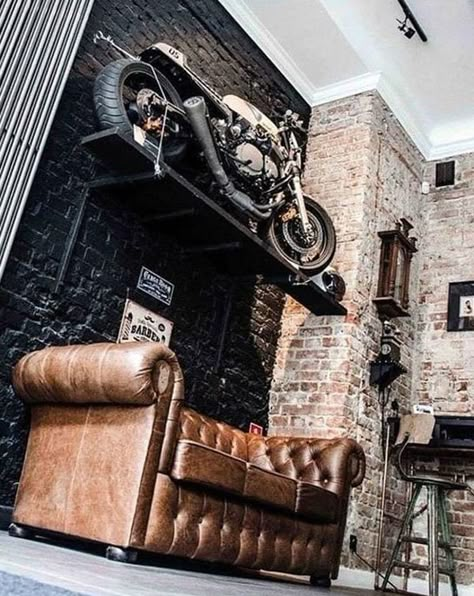 35 Industrial Man Cave Ideas To Liven Up Your Style | HomeMydesign Industrial Man Cave Ideas, Man Cave Wallpaper, Zigarren Lounges, Industrial Man Cave, Industrial Garage, Garage Style, Man Cave Home Bar, Motorcycle Garage, Man Cave Ideas