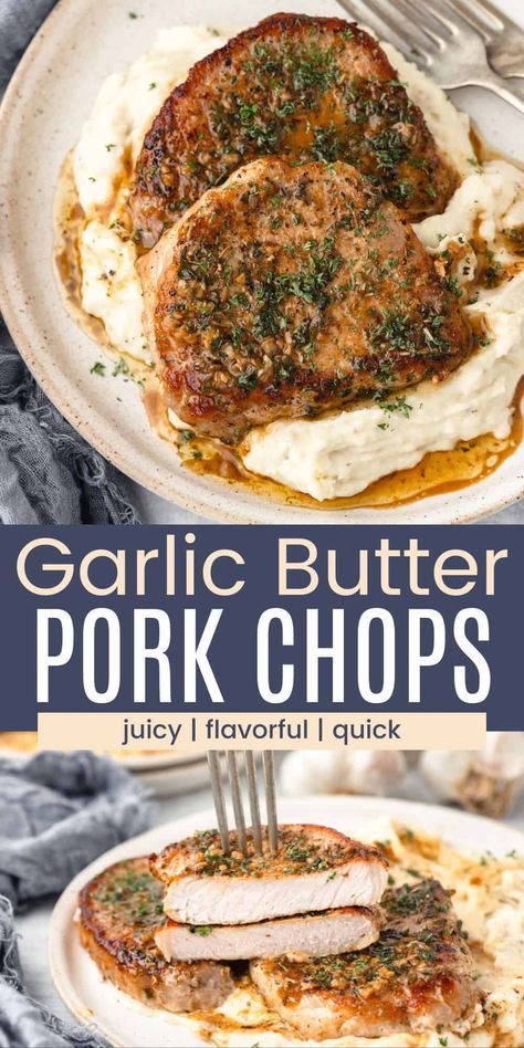 This Garlic Butter Pork Chops recipe tops juicy pork chops with a homemade sauce that's rich and flavorful, but incredibly simple. Searing the pork chops before adding the garlicky butter topping gives them a beautiful brown crust that's fork-tender and mouthwatering. Ranch Style Pork Chops, Garlic Butter Pork Chops, Butter Pork Chops, Baked Boneless Pork Chops, Easy Gluten Free Dinner, Healthy Pork Chop Recipes, Healthy Pork Chops, Best Pork Chop Recipe, Chips Recipes