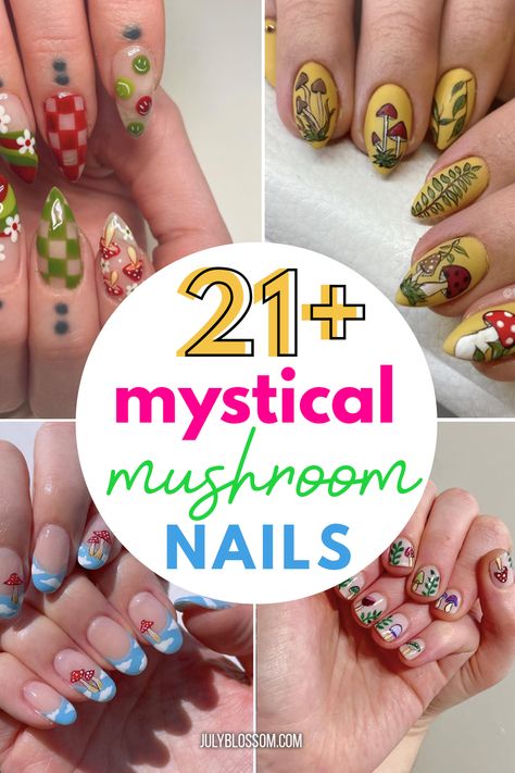 21+ Mystical Mushroom Nails to Try Now - ♡ July Blossom ♡ Fairy Mushroom Nails, Mushroom Fairy Nails, Toadstool Nail Art, Mushroom Design Nails, Forest Theme Nails, Mushroom Gel Nails, Nails With Mushrooms, Toadstool Nails, Unique Nails Designs