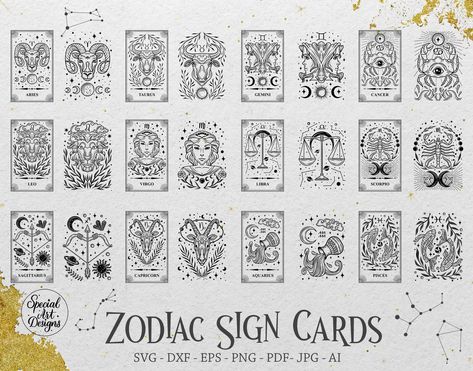 Zodiac Cards Svg | Zodiac sign Svg | Constellation zodiac Svg | Celestial svg | Mystical clipart | Tarot cards Svg | Witchy Svg | Eps | Dxf by SpecialArtsDesigns on Etsy Zodiac Art Illustrations, Zodiac Scrapbook, Zodiac Tarot Cards, Mystical Clipart, Witchy Svg, Celestial Svg, Zodiac Svg, Zodiac Sign Designs, Zodiac Cards