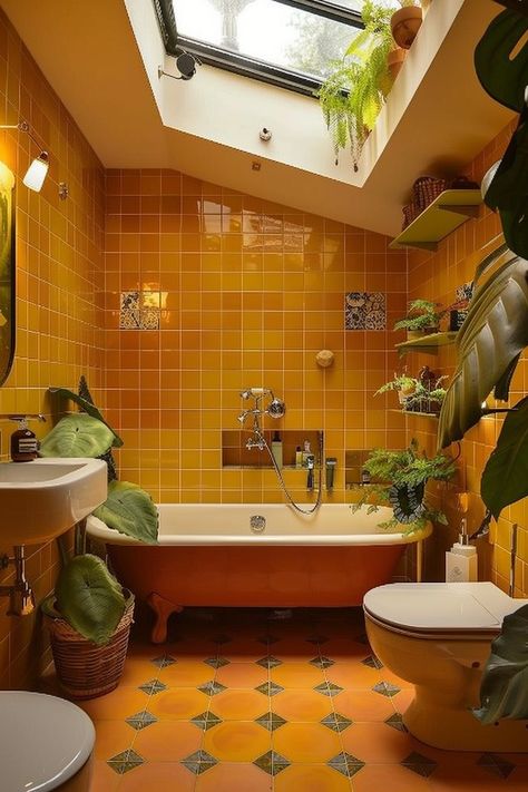 Create a cozy atmosphere in your small bathroom with yellow tiles. Explore creative ways to use yellow tiles, from accent walls to floors, and discover how to pair them with complementary colors for a cohesive look. #CozyBathroom #YellowTiles Colorful Interiors Bathroom, Small Yellow Bathroom Ideas, Retro Orange Bathroom, House Decorating Ideas Colorful, 50s Inspired Bathroom, Tiny Colorful Bathroom, Mustard Bathroom Tiles, Funky Modern Bathroom, Bathroom Ideas No Tiles