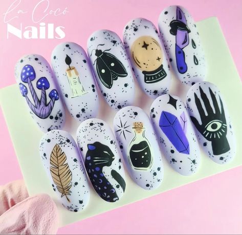 Ouija Nails, Spiritual Nail Art, Nail Inspiration 2023, Egyptian Nail Art, Tarot Nails, French Stiletto, Egyptian Nails, Witch Nails, Summer Nail Ideas