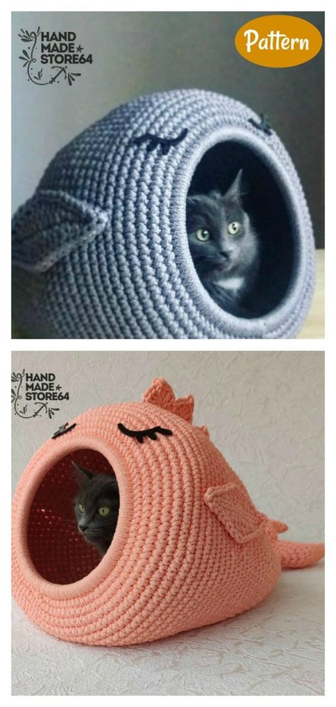 Crochet Projects For Cats, Crochet Cat Cave Pattern, Crochet Cat House, Cool Crochet Projects, Crochet For Pets, Cat Cave Crochet Pattern, Crochet Cat Cave, Crochet Inspiration Ideas, Cat Bed Pattern