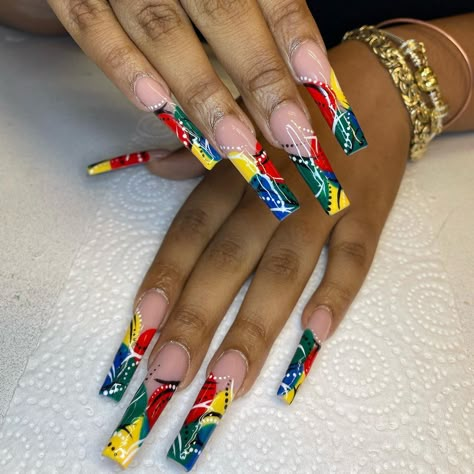 Cincinnati Nail Tech on Instagram: “This design plus these colors…😍😍😍 Definitely giving 90’s!!! Love how these came out ❤️ #cincinnatinails #cincinnatinailtech #atlantanails…” Nail 90s Style, 90s Nail Designs Art Ideas, 90 Nails The 90s Art Designs Long, 90’s Nail Designs, 90s Nails Designs, 90s Acrylic Nails Art Designs, 90 Nails The 90s Art Designs, 90s Nail Designs, 90s Nail Art