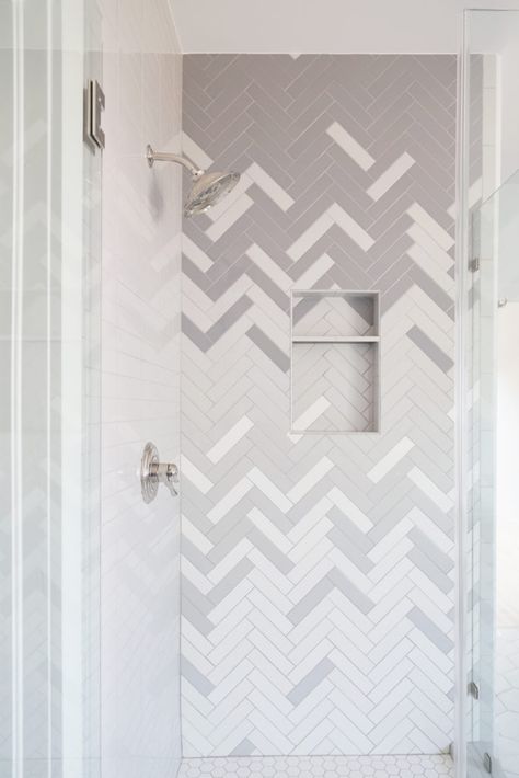 How to: Ombre Herringbone Shower – CBC Builds Tile Shower Niche, Bathroom Shower Stalls, Niche Decor, Bathroom Shower Organization, Bathtub Tile, Shower Organization, Bath Tiles, Shower Niche, Bathroom Shower Tile