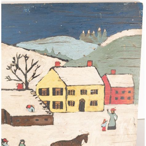 WE are selling this American folk art painting. This painting features a sleigh being drawn by a horse in a winter landscape with houses. It is unsigned and done in oil on plywood panel. Probably a copy of a famous Folk art painting, there is a similar painting that sold at auction attributed to David Ellinger.  Condition: Some surface wear with paint loss and damages.  Dimensions: Height 12 Inches 30.4 cm Width 16 Inches 40.6 cm Depth 1/4 Inches 1.0 cm Peter Hunt Folk Art, Christmas Folk Art Illustration, American Folk Art Painting, Folksy Art, Dutch Folk Art, Dutch Doors Exterior, Dutch Doors, Americana Art, Nathaniel Hawthorne