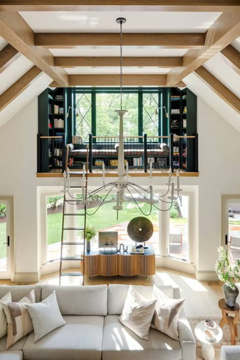 Sophisticated simplicity in New Hampshire Reading Nook Loft, Room Inspo Green, Natural Light Living Room, Dream House Library, Dream Home Library, Light Living Room, Lake Winnipesaukee, Loft Ladder, Home Library Design