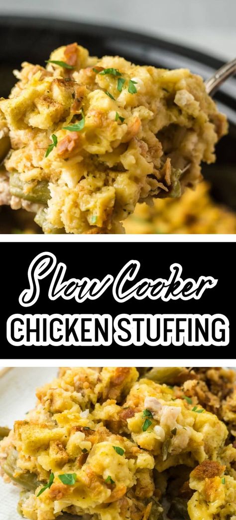 Collage of closeup shot of crock pot chicken stuffing casserole at top and closeup shot of plateful of crock pot chicken stuffing casserole at bottom. Chicken Casseroles In Crockpot, Crockpot Recipe With Stuffing, Crockpot Chicken Dressing Green Beans, Chicken And Dressing Casserole Stove Top Crock Pot, Crockpot Recipes Prepare Ahead, Thanksgiving Stuffing Crockpot, Easy Crockpot Chicken Casserole Recipes, Chicken Broccoli Stuffing Crockpot, Easy Sunday Dinner Ideas Crock Pots