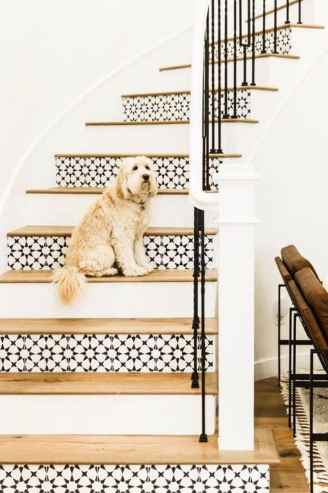 Modern Farmhouse Staircase, Mediterranean Staircase, Farmhouse Staircase, Farmhouse Stairs, Tiled Staircase, Greige Design, White Stairs, Tile Stairs, Staircase Makeover