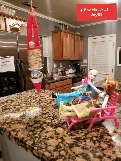 Elf On The Shelf Being Bad, Elf Moving Ideas, Funny Elf Hiding Spots, Elf With Barbie Ideas, Elf On The Shelf Ideas With Barbies, Mischevious Elf On The Shelf Ideas, Bad Elf Ideas, Crazy Elf Ideas, Elf Ideas Funny