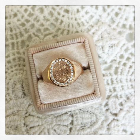 Customize a signet ring by adding diamonds. We adore how this rose gold signet ring with a diamond frame turned out. Email us at… Romantic Woman, Diamond Frame, Signet Rings, Gold Signet Ring, Classic Jewelry, Signet Ring, Accessories For Women, Favorite Jewelry, Diamond Engagement Rings