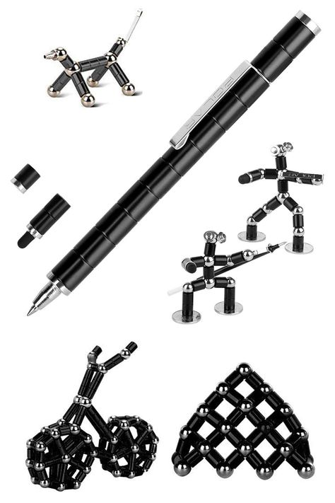 This entertaining fidget toy is actually a functional pen in normal use, but can be disassembled into a variety of pieces that are all magnetic, allowing the creation of a multitude of little sculptures, patterns, and shapes when you have nothing better to do or need to get the creative juices reflowing. Little Sculptures, Fidget Pen, Magnetic Pen, Desk Toys, Fidget Toy, Fidget Toys, Building Toys, Building Blocks, Pen And Ink