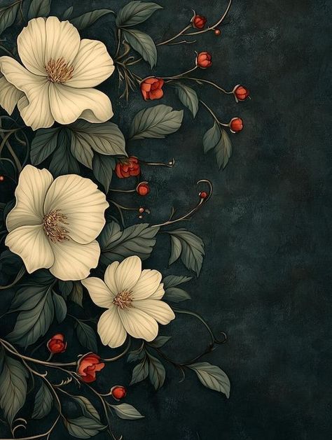 Floral Elegance Canvas Print Vintage Botanical Wall Art Inspired by Pierre-Joseph Redouté Home Decor Digital Download by CustomCanvasCurators 🌸 Transform your space into a serene oasis with this stunning canvas print inspired by vintage botanical art! 🌿 The lush creamy white blossoms and vibrant red buds against a moody blue-toned background bring a sense of tranquility and bold visual impact. Perfect for nature lovers and art enthusiasts, it's a timeless statement piece that harmonizes wit... Pierre Joseph Redouté, Dark Botanical Art, Skeletons With Flowers, Botanical Art Drawing, Green Wallpaper Phone, Red Bud, Illustration Botanique, Delicate Beauty, Rich Green