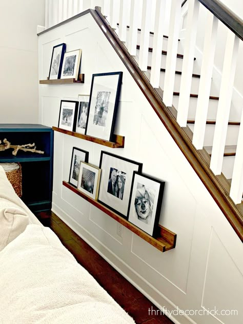 Finished board and batten accent stairway wall! Guesthouse Ideas, Stairway Decor, Stairway Gallery Wall, Stair Wall Decor, Stairway Walls, Stairway Wall, Stairway Decorating, Staircase Wall Decor, Stair Wall