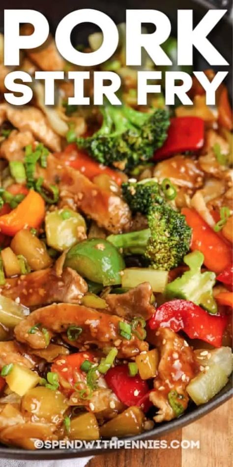 Pork Stir Fry uses browned pork and fresh veggies smothered in a sweet & savory sauce. Make an extra batch to take to work or school for lunches! #spendwithpennies #porkstirfry #recipe #maindish #stirfrysauce #easy Pork And Snow Pea Stir Fry, Frugal Dinners, Frugal Kitchen, Pork Stir Fry Recipes, Stir Fry Recipes Healthy, Leftover Ideas, Wok Recipes, Pineapple Pork, Chinese Pork